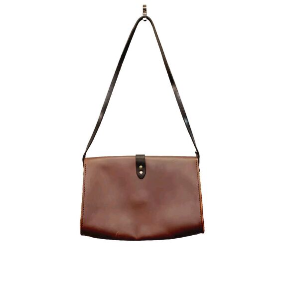 Brown Leather Box Purse Two Tone Black Strap Stiff Cowhide Crossbody Messenger - Picture 6 of 7